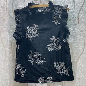 Urban Heritage Floral Ruffle Blouse Womens Small‎ Black White Rose Mock Neck EC